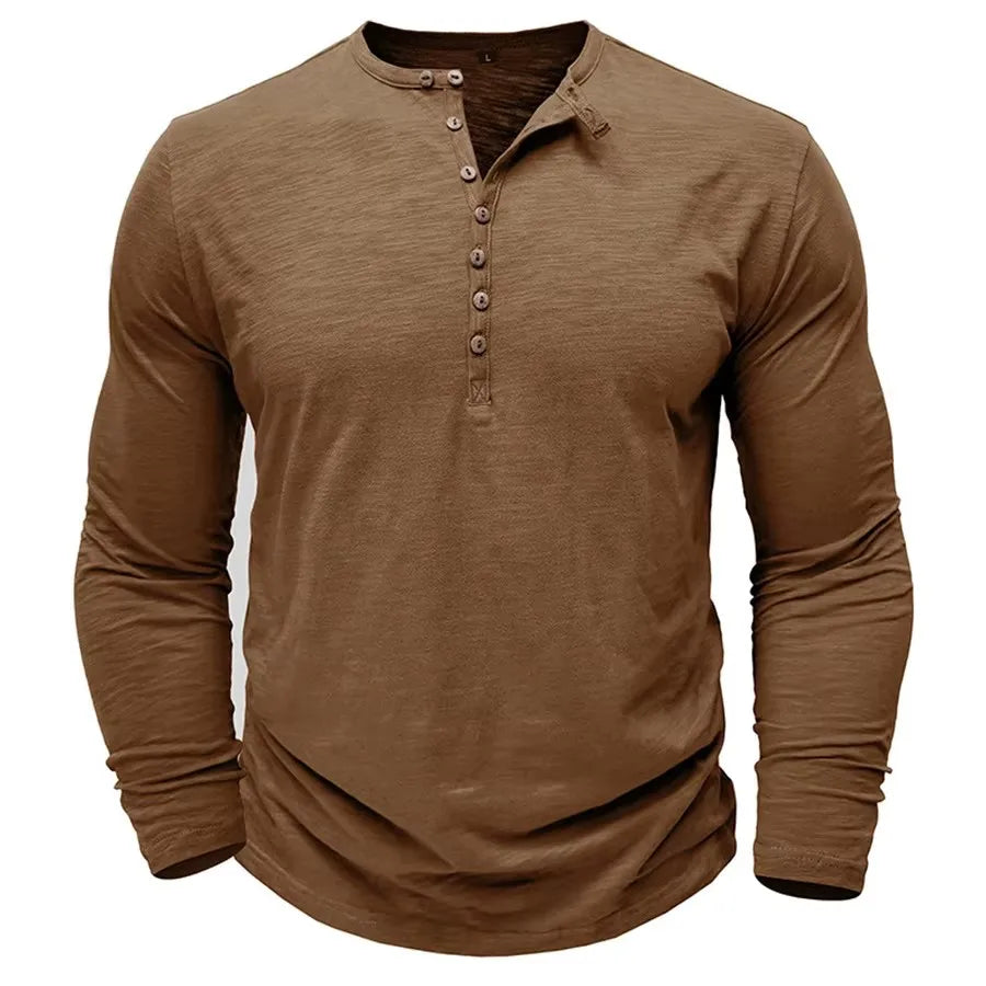 Men's 100% Cotton Long Sleeve Henley T-Shirt | Soft Touch Retro Casual Style 12