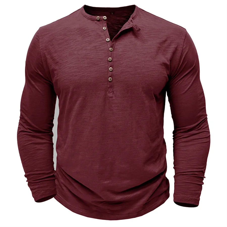 Men's 100% Cotton Long Sleeve Henley T-Shirt | Soft Touch Retro Casual Style 13