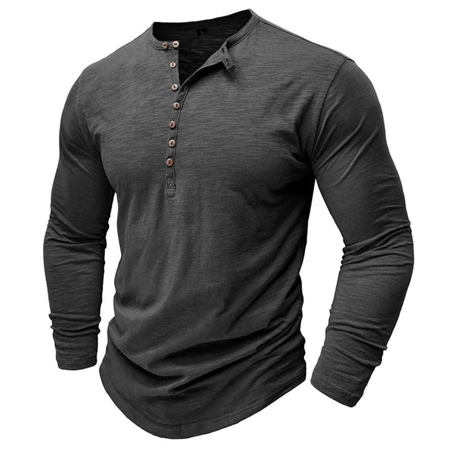 Men's 100% Cotton Long Sleeve Henley T-Shirt | Soft Touch Retro Casual Style 2