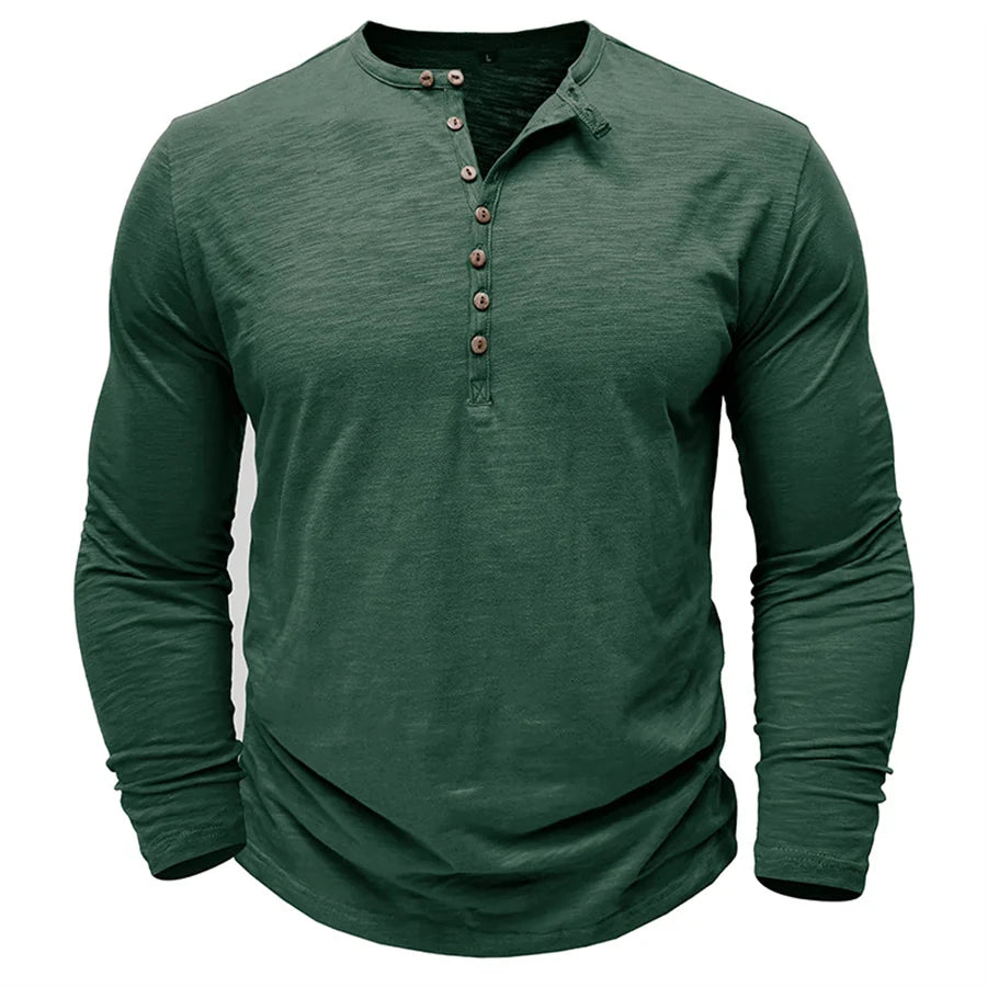 Men's 100% Cotton Long Sleeve Henley T-Shirt | Soft Touch Retro Casual Style 6