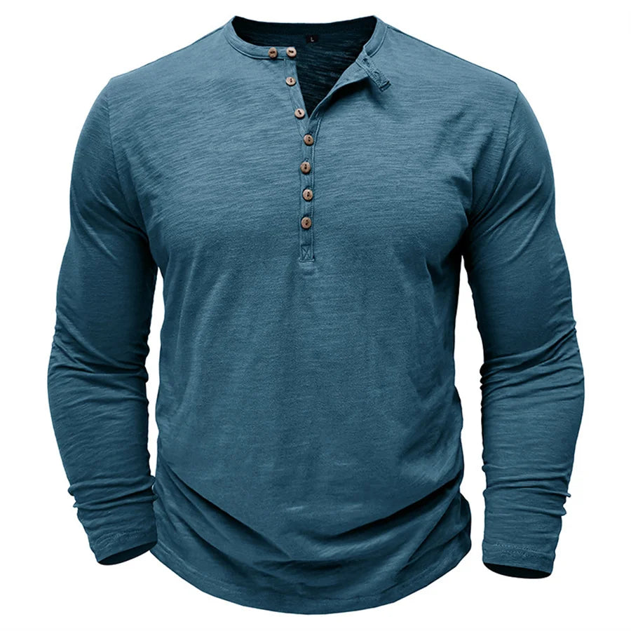 Men's 100% Cotton Long Sleeve Henley T-Shirt | Soft Touch Retro Casual Style 9