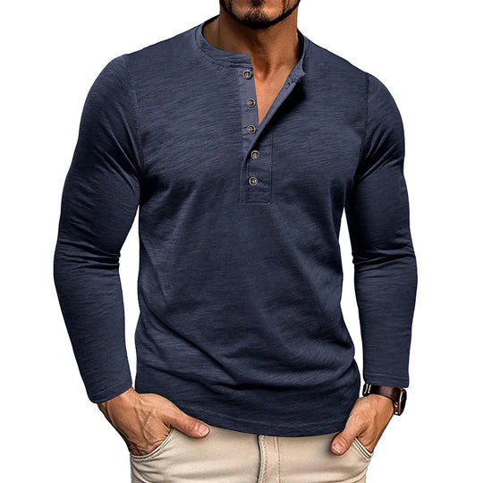 Men's cotton long sleeve Henley shirt with slim casual fit