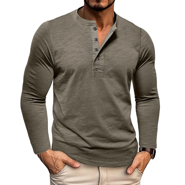 Men's Breathable Cotton Long Sleeve Henley T-Shirt | Versatile Autumn Essential 1