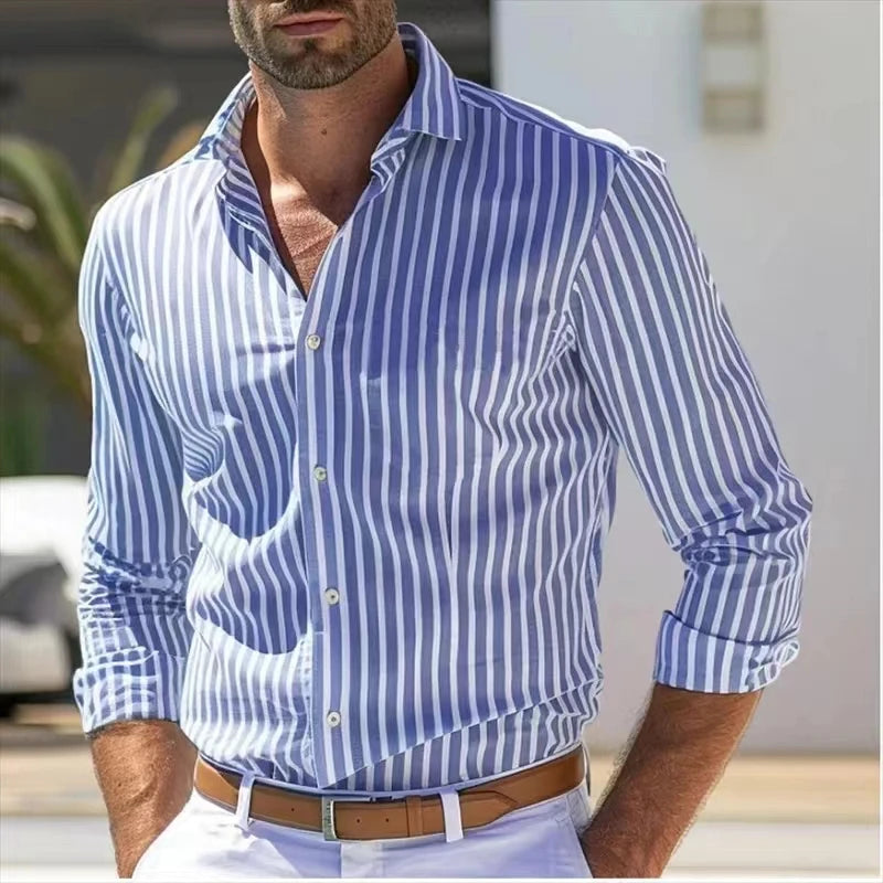 Men's Breathable Cotton Striped Dress Shirt | Tailored Loose Fit for Spring | Refined Everyday Essential 0