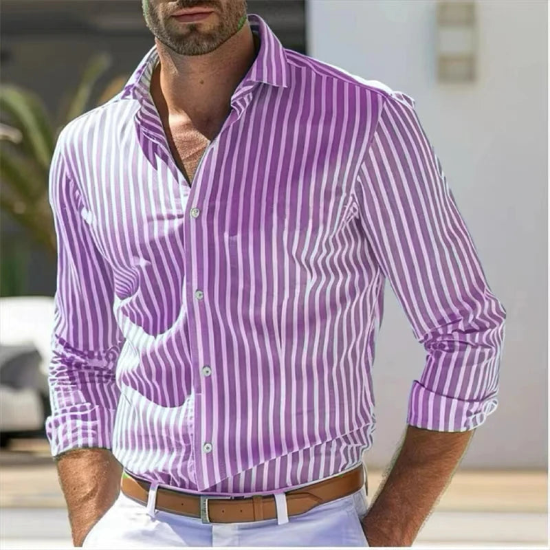 Men's Breathable Cotton Striped Dress Shirt | Tailored Loose Fit for Spring | Refined Everyday Essential 1