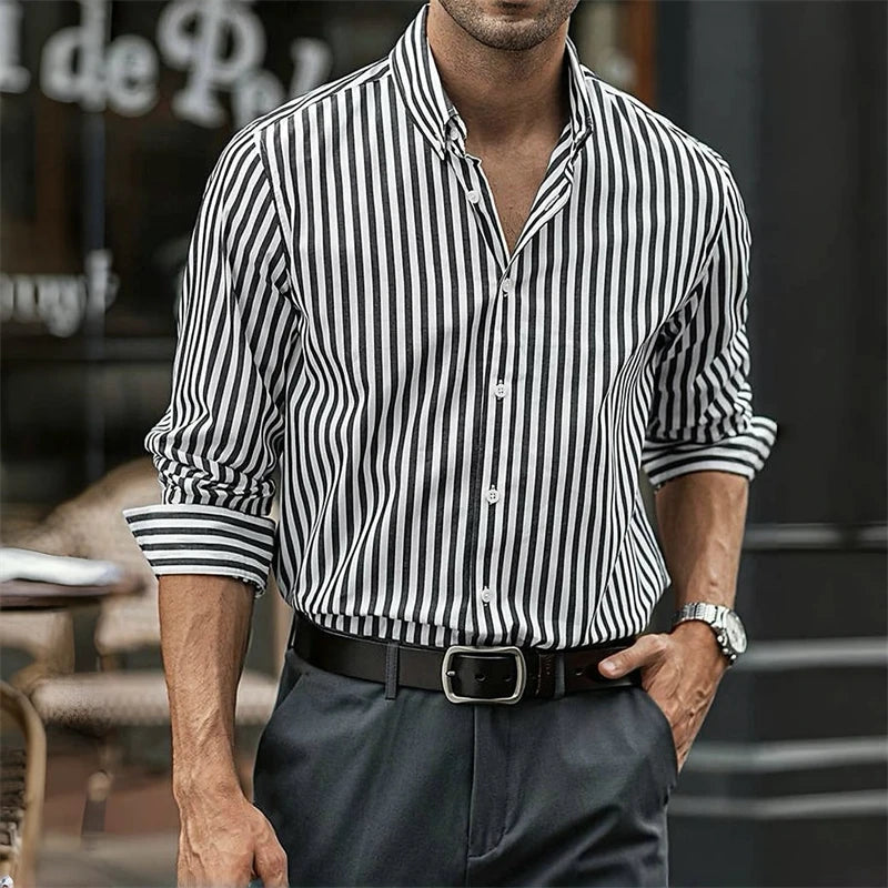 Men's Breathable Cotton Striped Dress Shirt | Tailored Loose Fit for Spring | Refined Everyday Essential 9