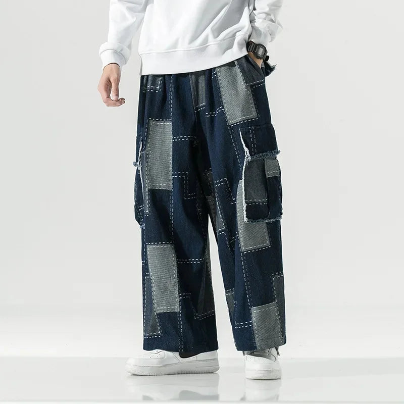 Men's Breathable Denim Patchwork Pants | Bold 90s Street Style 0