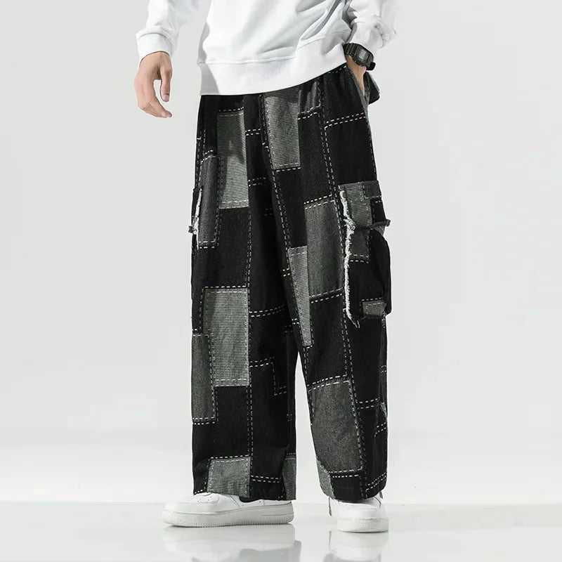 Men's Breathable Denim Patchwork Pants | Bold 90s Street Style 6