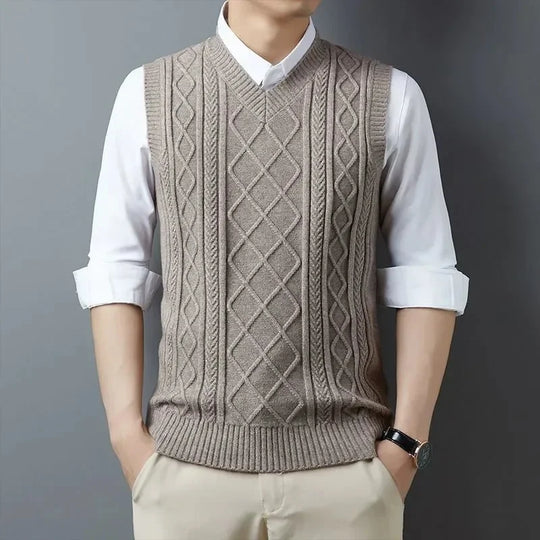Men's cable knit vest with textured autumn layering style