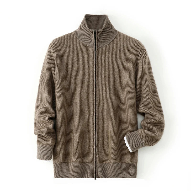 Men's cashmere zip cardigan with high-neck knit structure