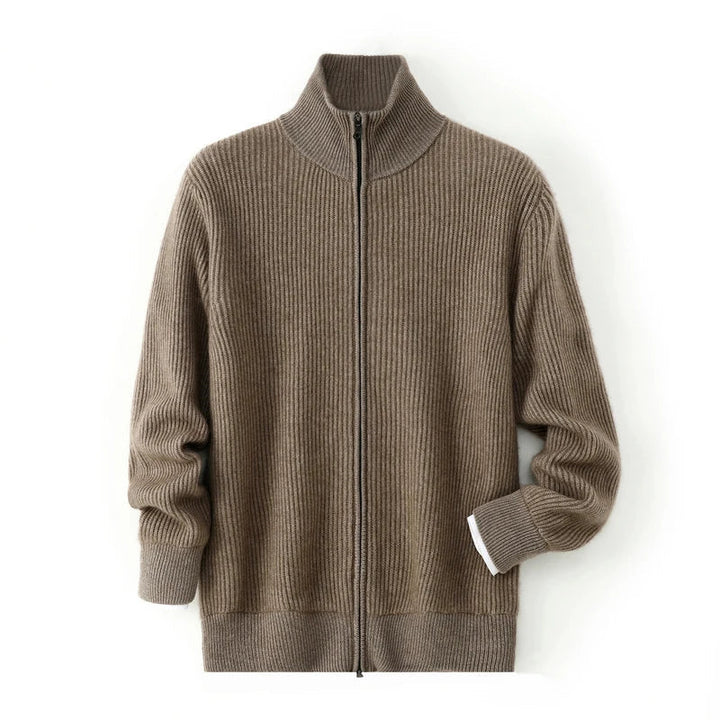 Men's cashmere zip cardigan with high-neck knit structure
