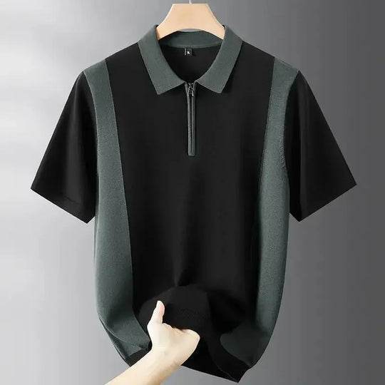 Men's color block knit polo with half-zip collar and short sleeves