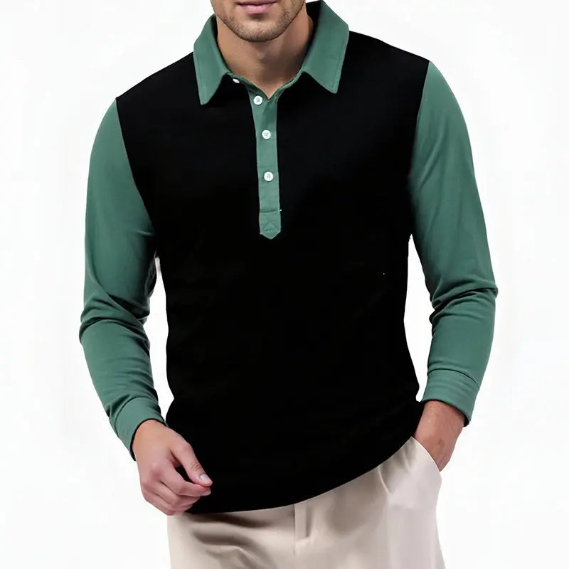 Men's color block long sleeve polo with breathable fabric