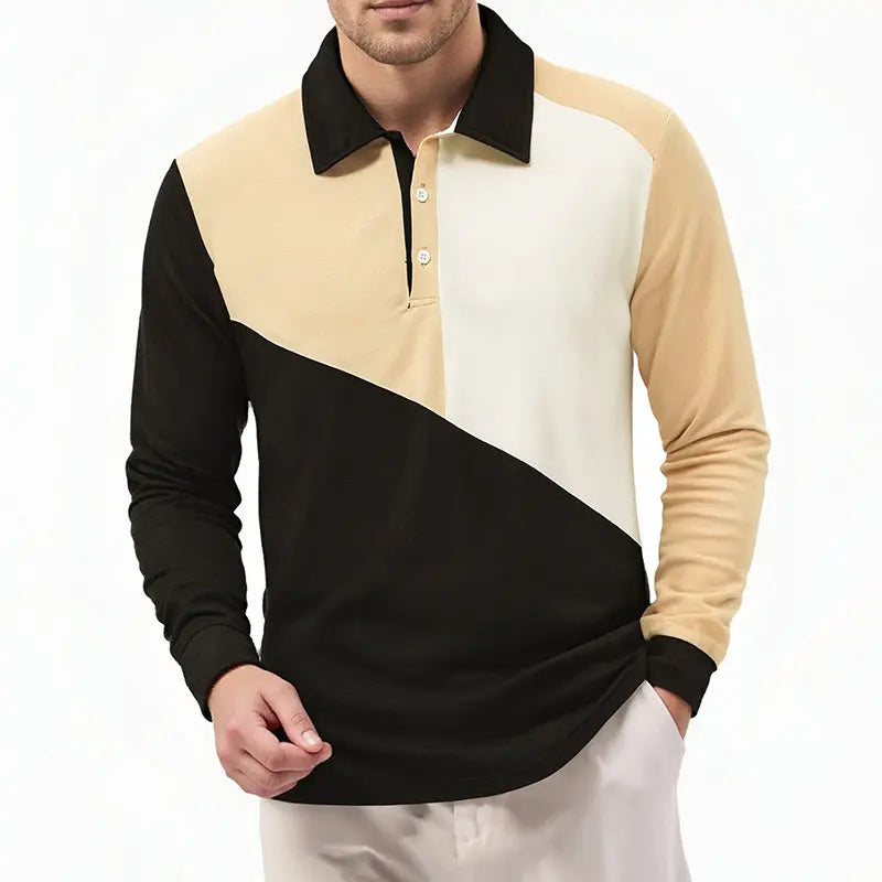 Men's cotton long sleeve polo shirt with color block style
