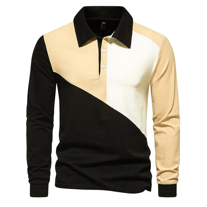 Men's Cotton Blend Long Sleeve Polo Shirt | Modern Color Block Style 1