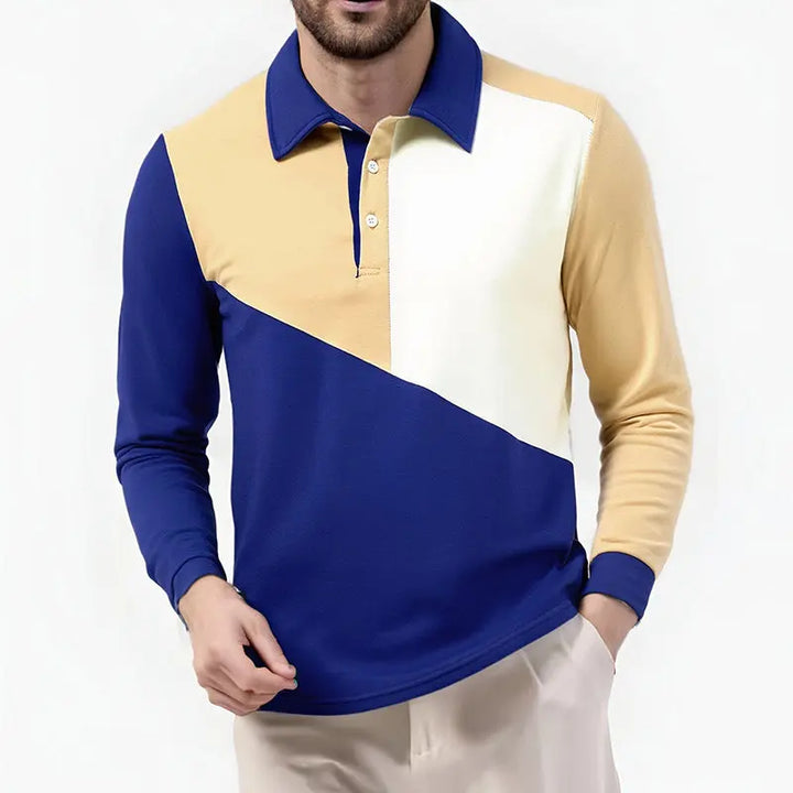Men's Cotton Blend Long Sleeve Polo Shirt | Modern Color Block Style 3