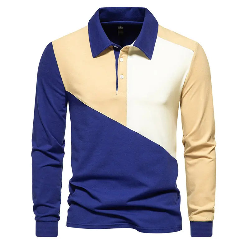 Men's Cotton Blend Long Sleeve Polo Shirt | Modern Color Block Style 4