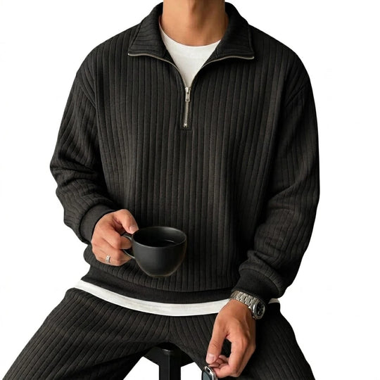 Men's quarter zip sweatshirt with striped layering design