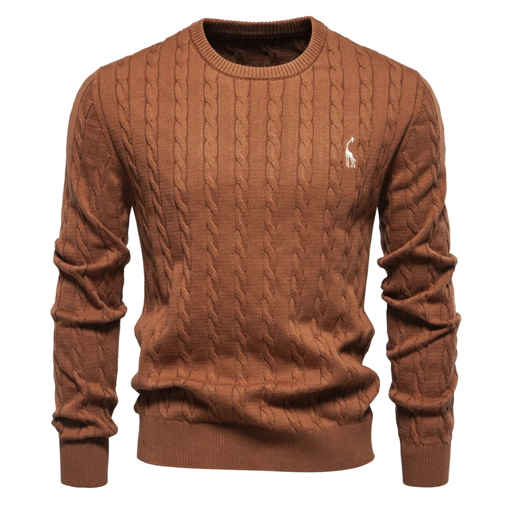 Men's Cotton Knit Sweater | Classic Twist Design with Playful Giraffe Embroidery | Soft Touch Comfort