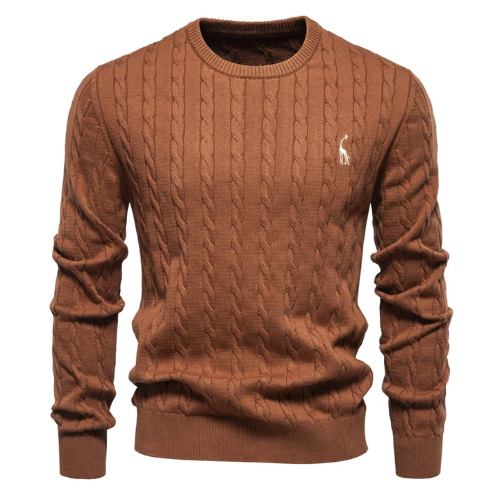 Men's Cotton Knit Sweater | Classic Twist Design with Playful Giraffe Embroidery | Soft Touch Comfort