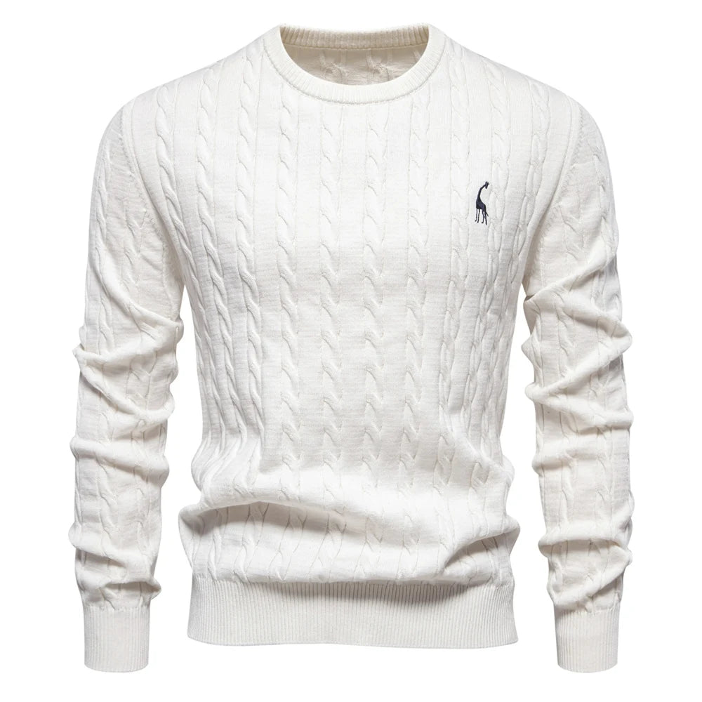 Men's Cotton Knit Sweater | Classic Twist Design with Playful Giraffe Embroidery | Soft Touch Comfort