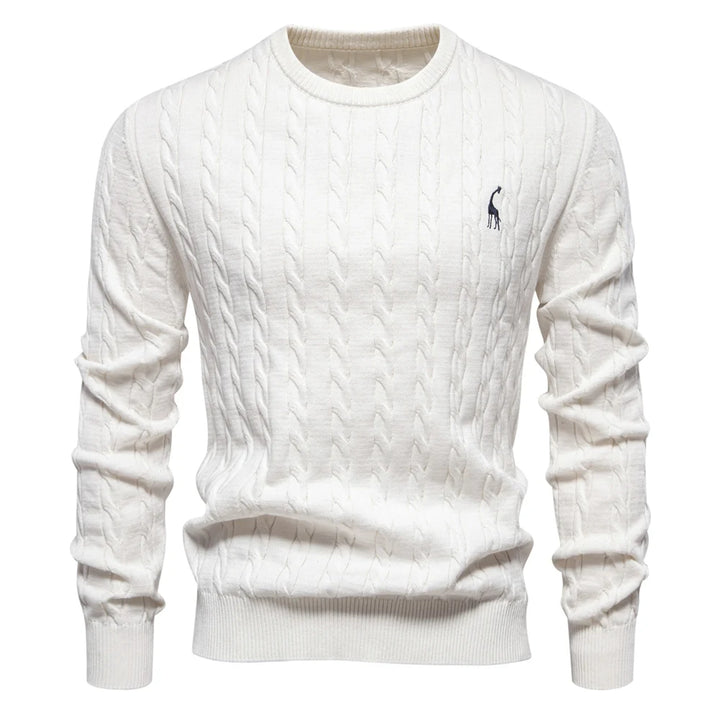 Men's Cotton Knit Sweater | Classic Twist Design with Playful Giraffe Embroidery | Soft Touch Comfort