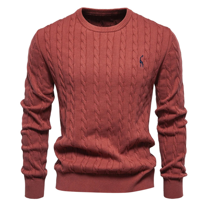 Men's Cotton Knit Sweater | Classic Twist Design with Playful Giraffe Embroidery | Soft Touch Comfort