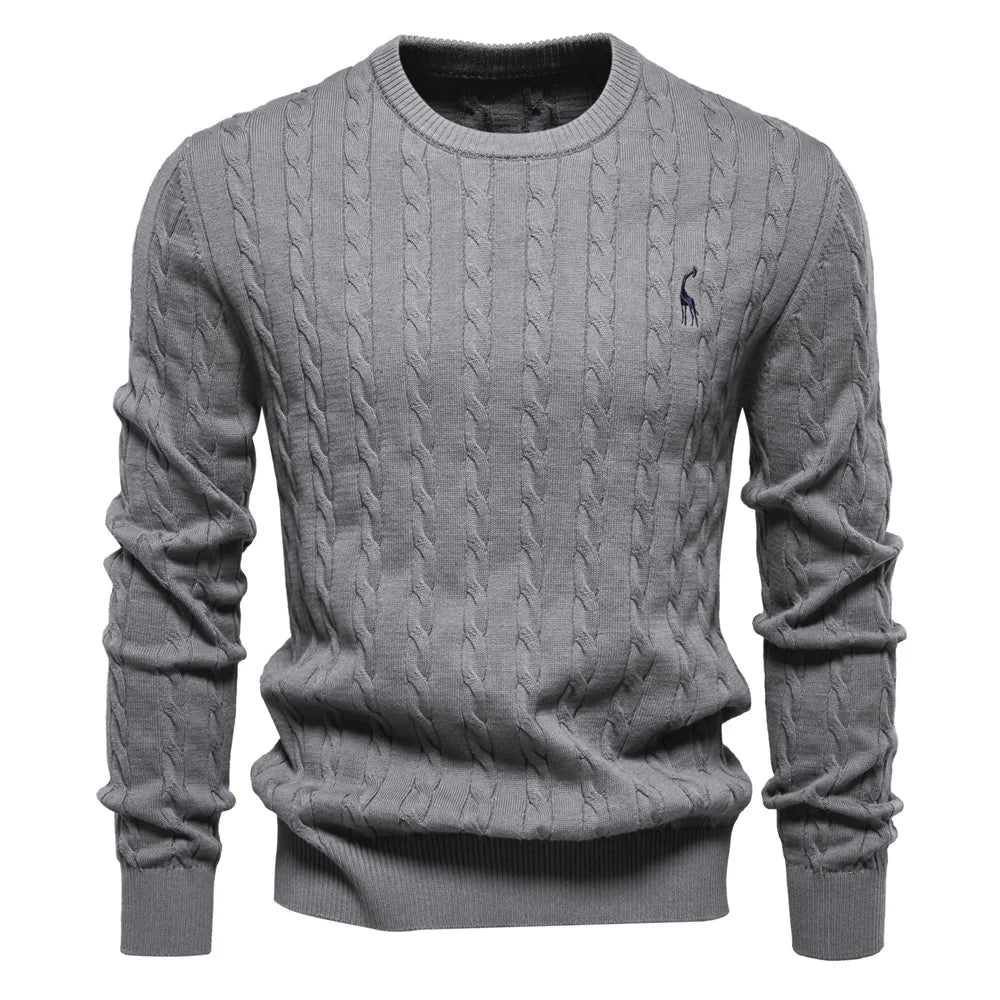 Men's Cotton Knit Sweater | Classic Twist Design with Playful Giraffe Embroidery | Soft Touch Comfort