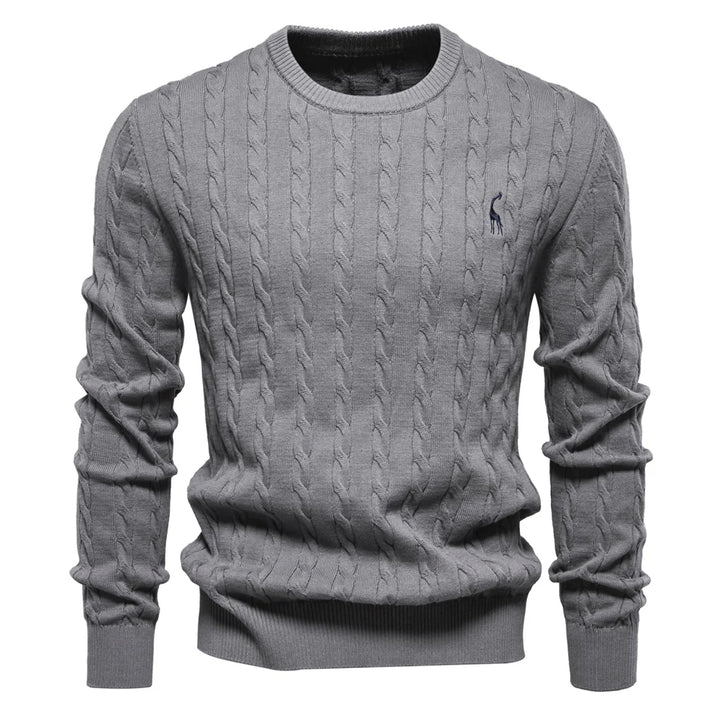 Men's Cotton Knit Sweater | Classic Twist Design with Playful Giraffe Embroidery | Soft Touch Comfort