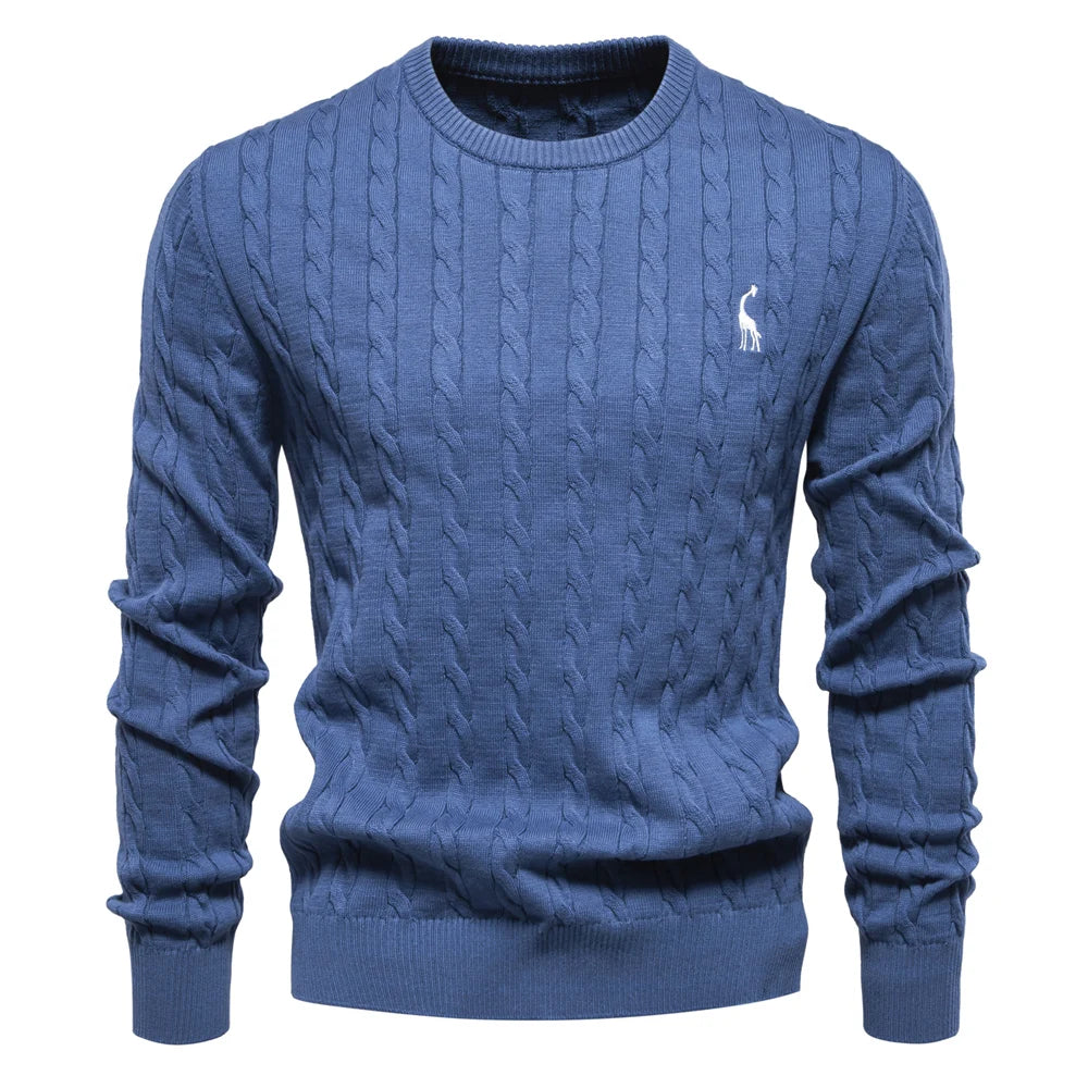 Men's Cotton Knit Sweater | Classic Twist Design with Playful Giraffe Embroidery | Soft Touch Comfort