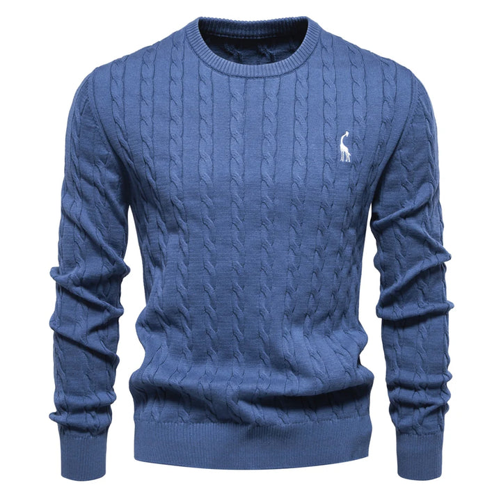Men's Cotton Knit Sweater | Classic Twist Design with Playful Giraffe Embroidery | Soft Touch Comfort