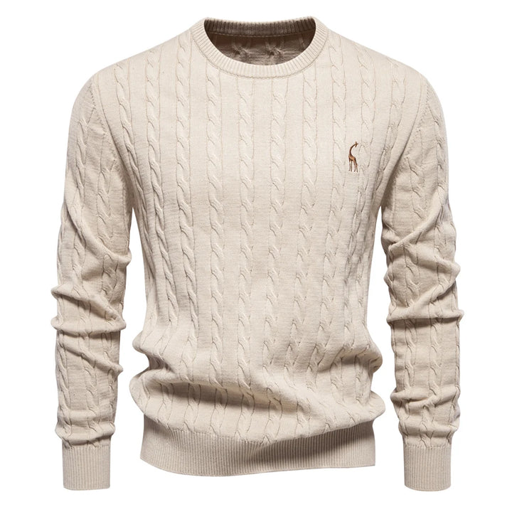 Men's Cotton Knit Sweater | Classic Twist Design with Playful Giraffe Embroidery | Soft Touch Comfort