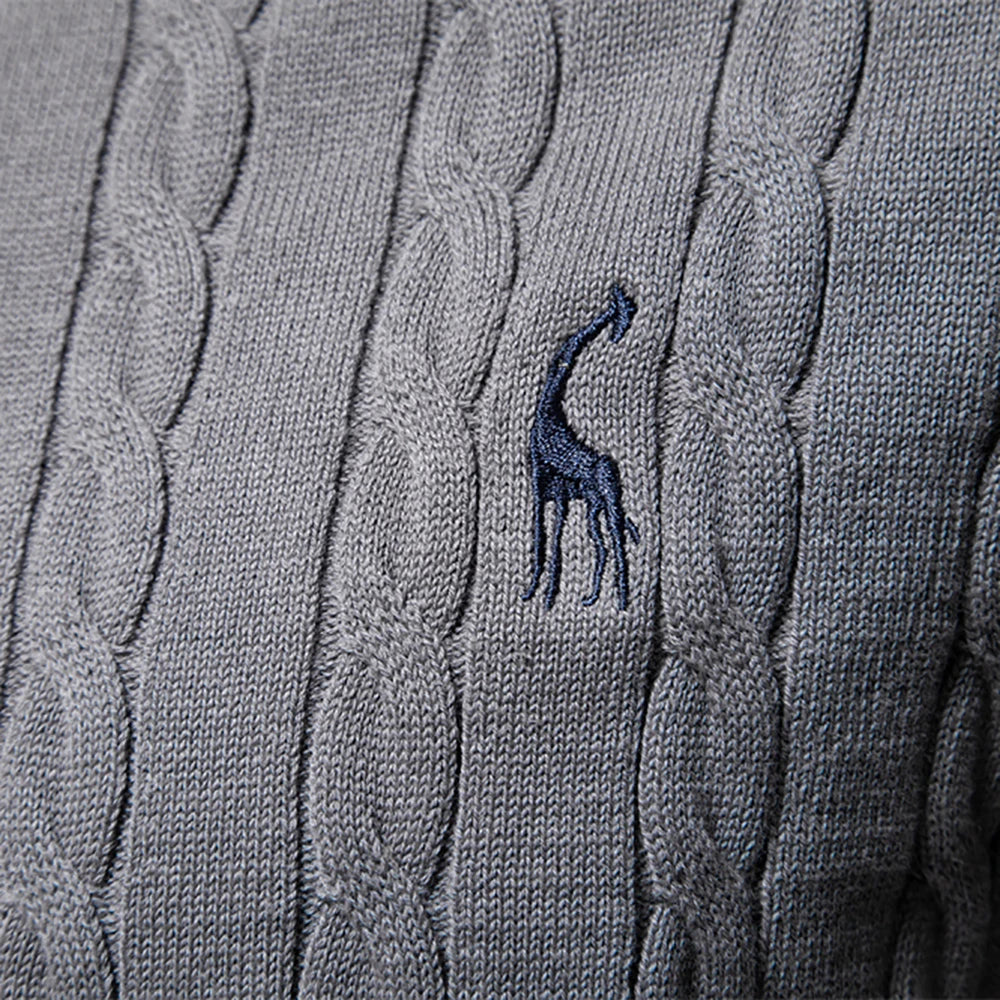 Men's Cotton Knit Sweater | Classic Twist Design with Playful Giraffe Embroidery | Soft Touch Comfort