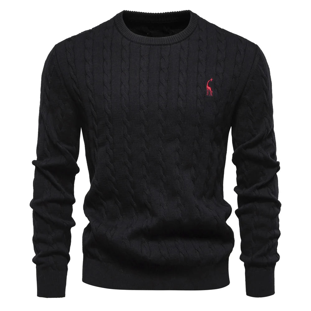 Men's Cotton Knit Sweater | Classic Twist Design with Playful Giraffe Embroidery | Soft Touch Comfort