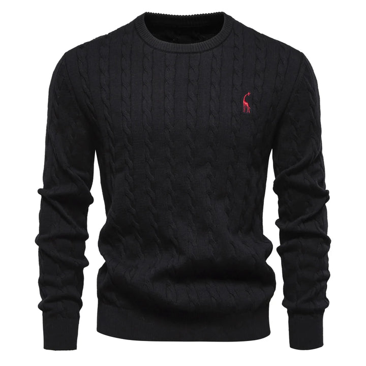 Men's Cotton Knit Sweater | Classic Twist Design with Playful Giraffe Embroidery | Soft Touch Comfort