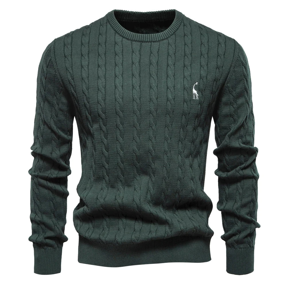 Men's Cotton Knit Sweater | Classic Twist Design with Playful Giraffe Embroidery | Soft Touch Comfort