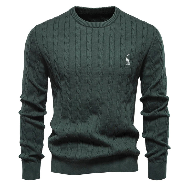 Men's Cotton Knit Sweater | Classic Twist Design with Playful Giraffe Embroidery | Soft Touch Comfort