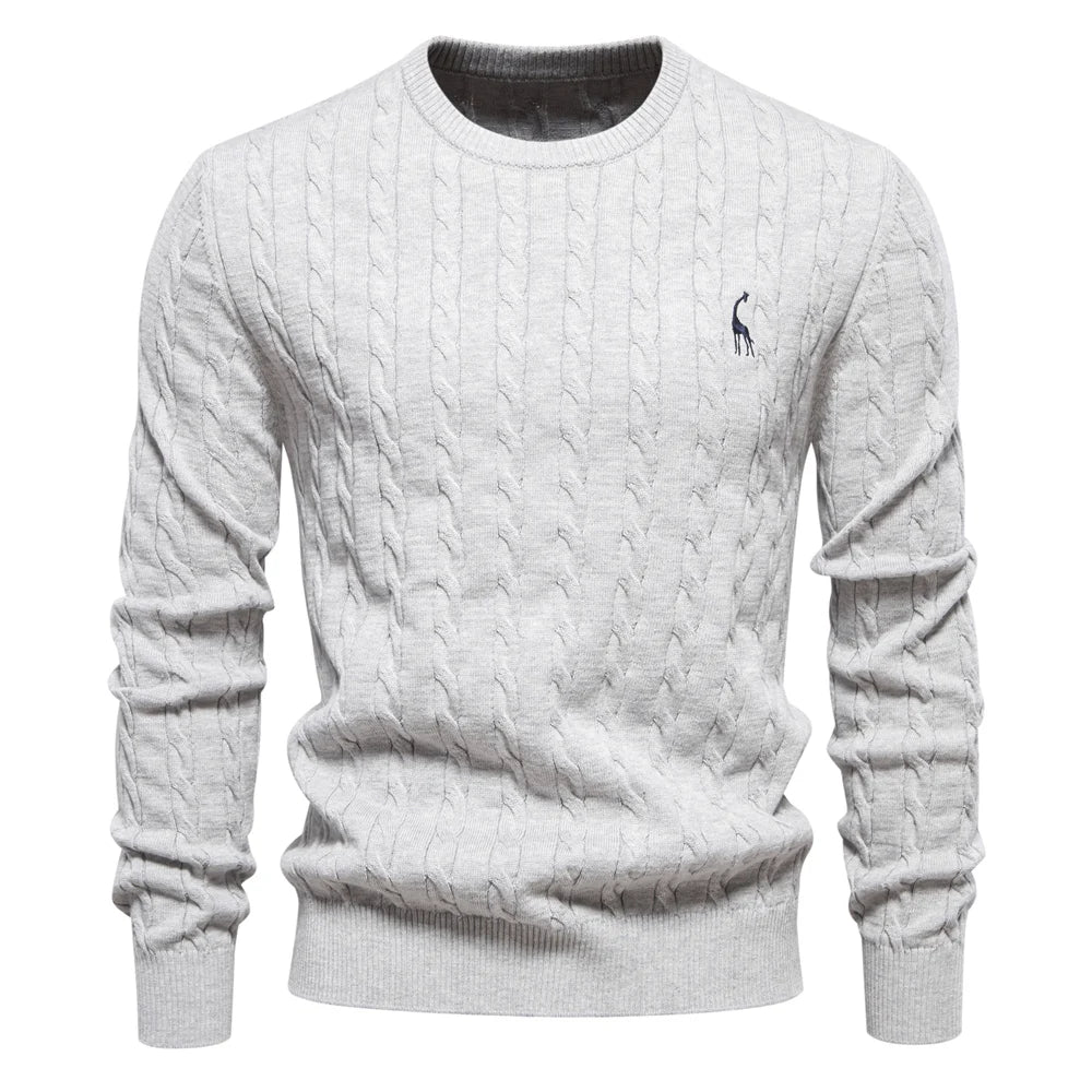 Men's Cotton Knit Sweater | Classic Twist Design with Playful Giraffe Embroidery | Soft Touch Comfort