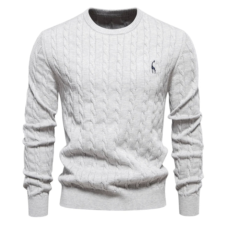 Men's Cotton Knit Sweater | Classic Twist Design with Playful Giraffe Embroidery | Soft Touch Comfort