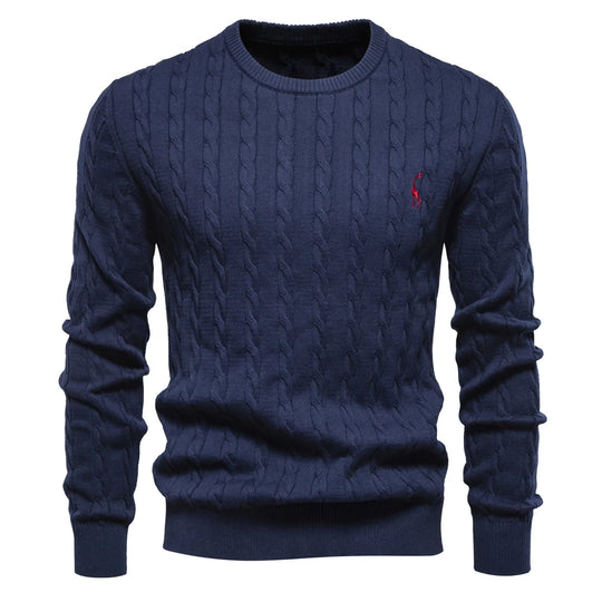 Men's cotton knit sweater with giraffe embroidery and twist pattern