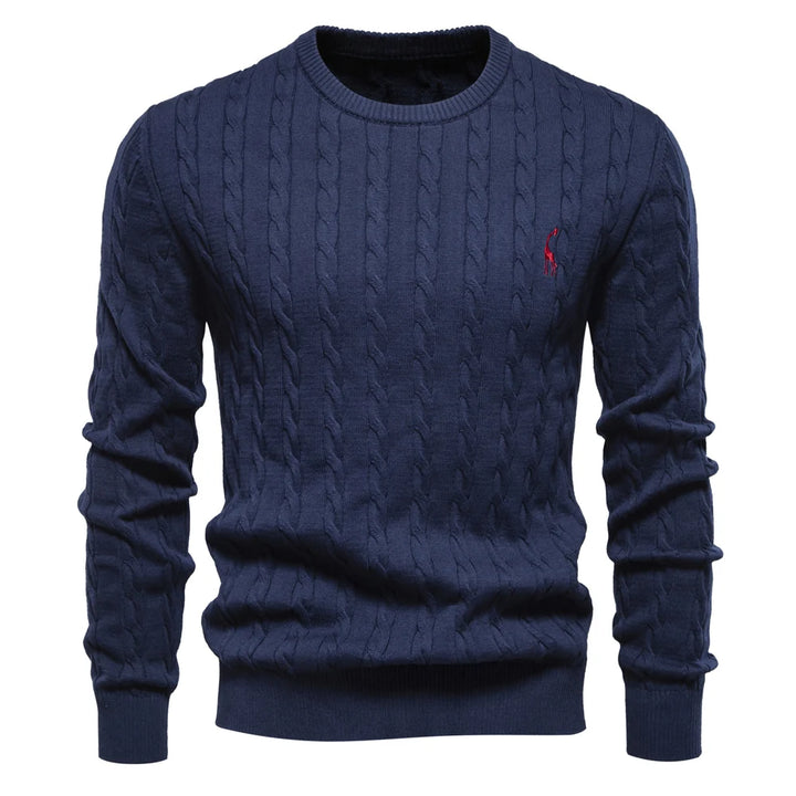 Men's cotton knit sweater with giraffe embroidery and twist pattern