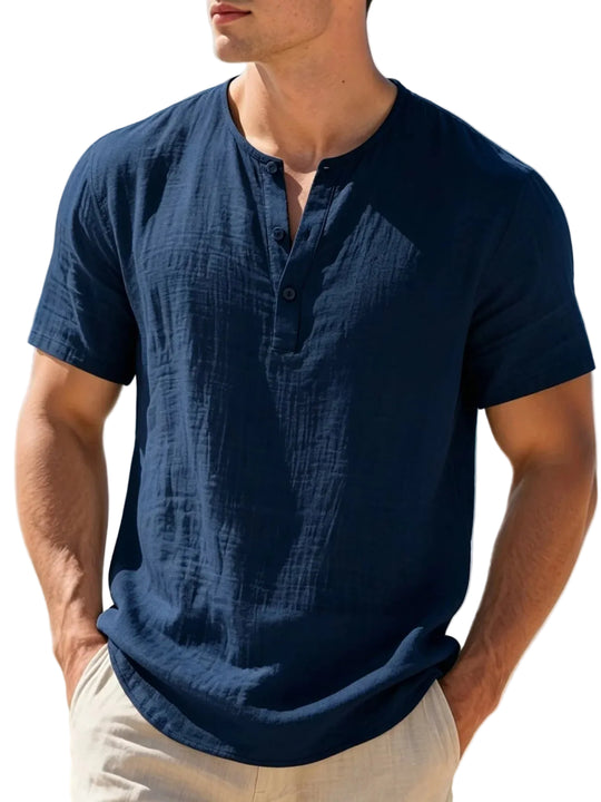 Men's cotton linen Henley T-shirt with loose summer fit