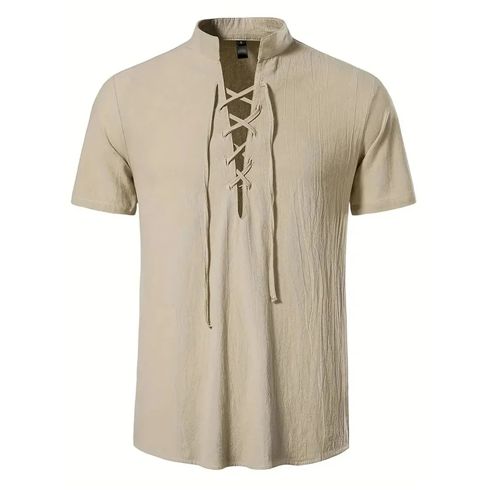 Men's cotton linen short sleeve shirt with breathable texture