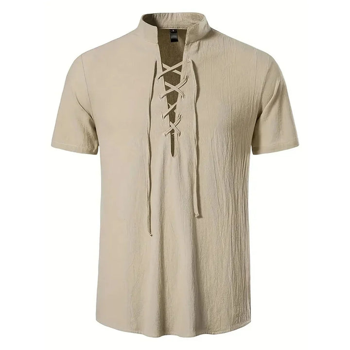 Men's cotton linen short sleeve shirt with breathable texture