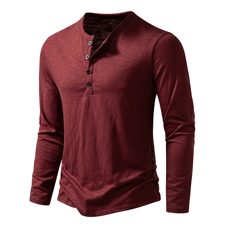 Men's cotton long sleeve T-shirt with button collar detail
