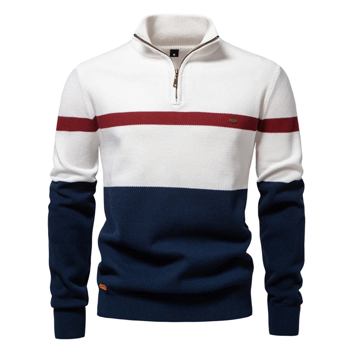 Men's cotton striped half-zip sweater with mock neck detail