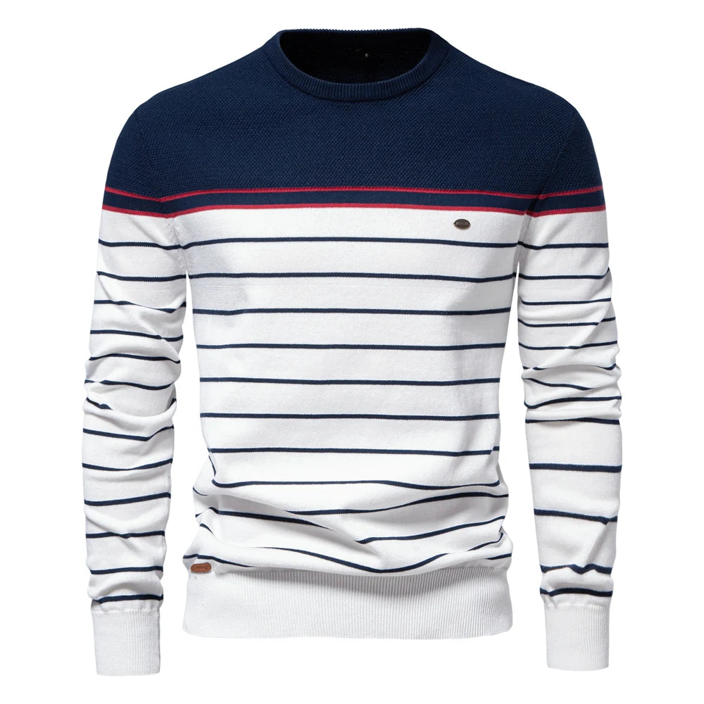 Men's cotton striped pullover sweater with autumn layering style