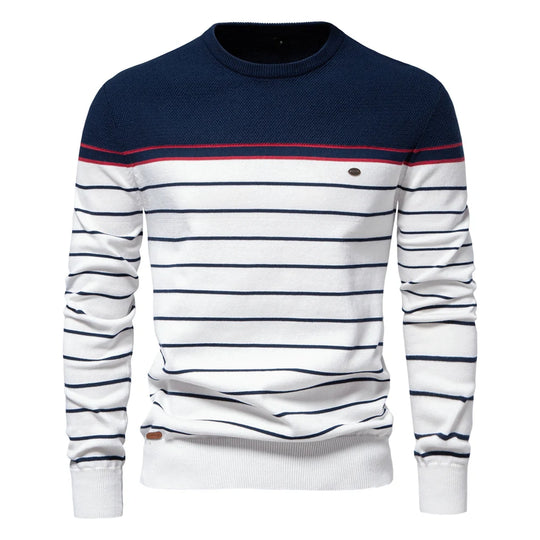 Men's cotton striped pullover sweater with autumn layering style