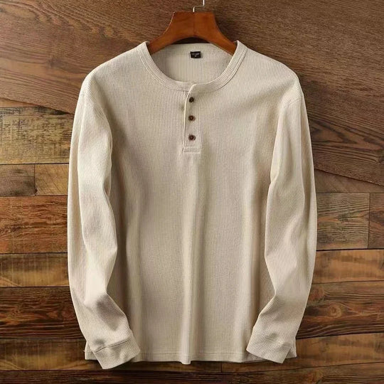 Men's cotton waffle Henley shirt with half-button placket