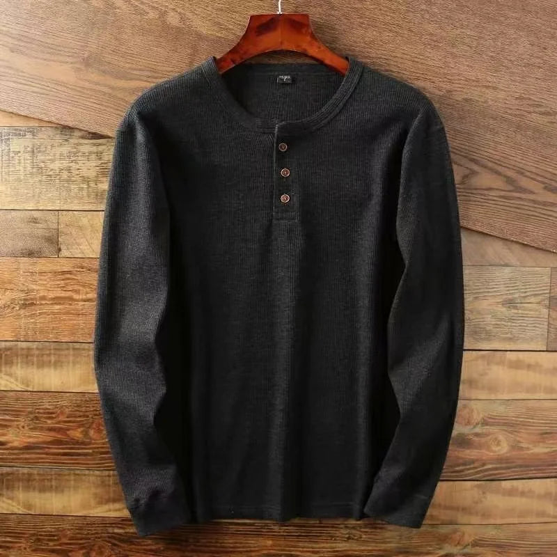 Men's Cotton Waffle Long Sleeve Henley Shirt | Breathable Slim Fit Casual Style 2